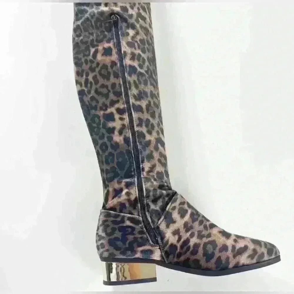 Size 7.5 NWT NIB Bamboo LEOPARD Print velvet Stardom OTK boot gold heel